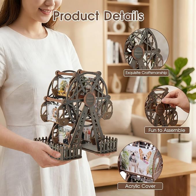 Photo Ferris Wheel 3D Wooden Puzzles for Adults, Rotating Mini Picture Frame Wood Model Kits - Unique Graduation, Personalized Anniversary Presents for Dad, Women Men