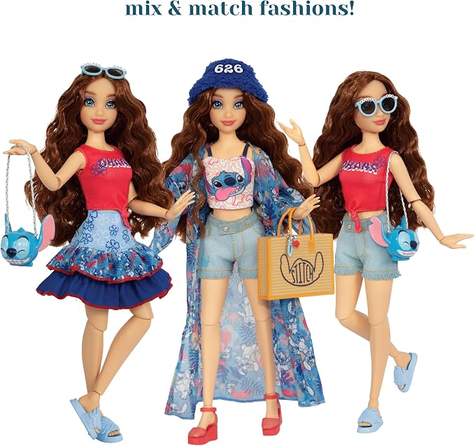 Disney ily 4EVER Dolls Disney 100 - Stitch 11.5" Tall with 13 Points of Articulation, Two Complete Mix-and-Match Outfits and Glittery Mickey Ring for You!