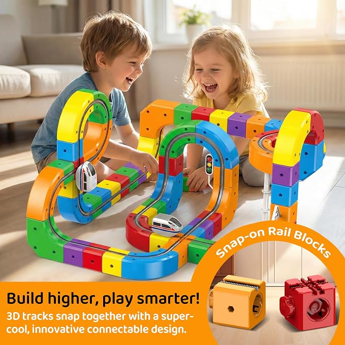 Electric Train Set Flexible Race Track Toys for 3 4 5 6 7 8 Years Old Boys and Girls, Building Toy Train Track Gravity-Defying 3D Embedded Layouts & Motorized Car, STEM Gift(Builder Set(114 Piece))