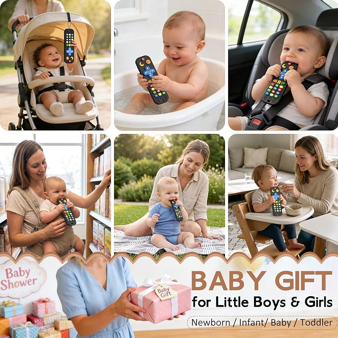 Baby Teething Toys Silicone Baby Remote Teether Over 3 Months - Baby Essentials Sensory Chew Toys - Baby Teether for Teething Relief - BPA Free Infant Toys Baby Shower Gifts (1, Black)