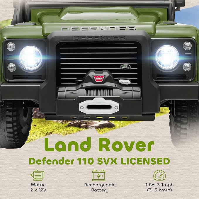 Qaba Land Rover 110SVX Licensed Electric Car for Kids, 12V Battery Powered Kids Ride On Car with Remote Control, Dual Motors, Spring Suspension, LED Lights, 3 Speeds Ride On Truck, Dark Green