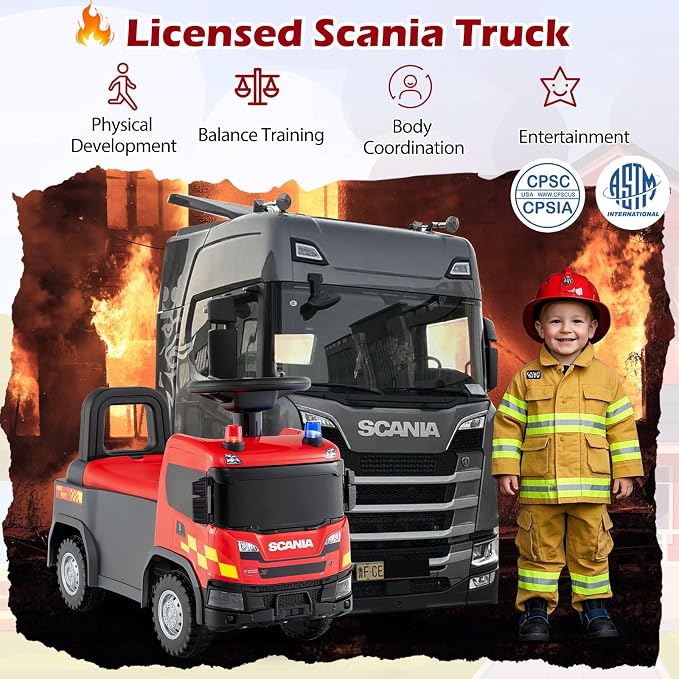 Costzon Ride On Push Car, Licensed Scania Fire Truck for Toddlers with Sirens, Horn, Music, Lights, Under Seat Storage, Foot-to-Floor Sliding Car, Kids Ride On Toys for Boys Girls 18+ Months