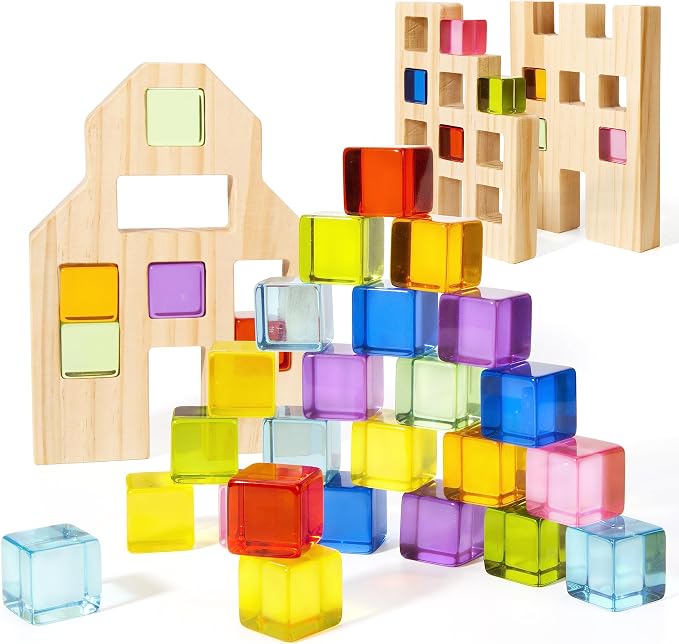 Woodtoe Wooden Building Blocks Set for Kids, 36 PCS Rainbow Acrylic Gem Blocks - 3 Wood House, Montessori Stacking Toy for Toddlers, Educational STEM Birthday Creative Toy Gift for Boys Girls 3-6