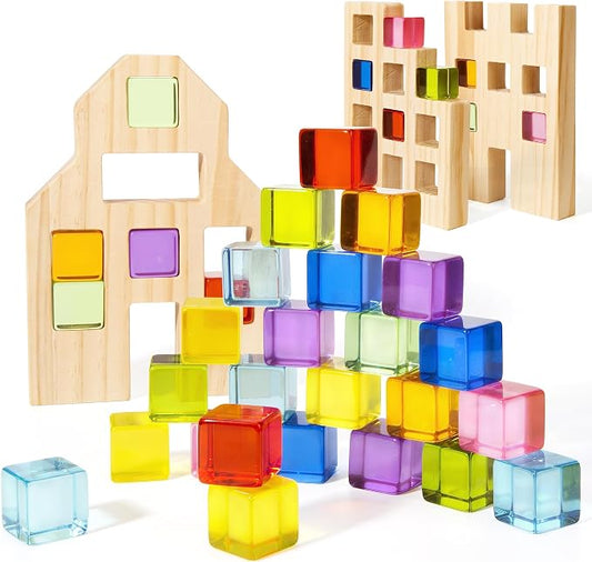 Woodtoe Wooden Building Blocks Set for Kids, 36 PCS Rainbow Acrylic Gem Blocks - 3 Wood House, Montessori Stacking Toy for Toddlers, Educational STEM Birthday Creative Toy Gift for Boys Girls 3-6