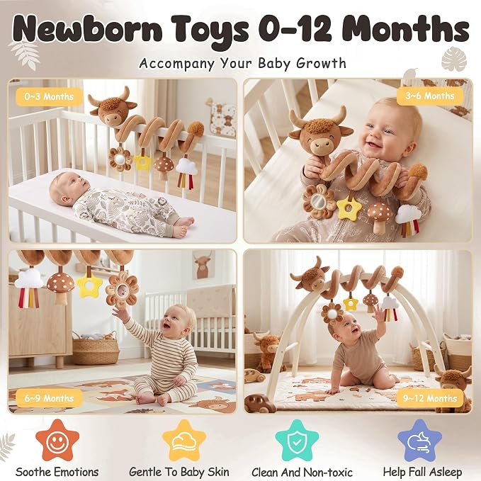 Stuffed Highland Cow Spiral Car Seat Toys for Babies 0-3-6-12 Months, Infant Stroller Toy with Mushroom Pendant & Star Teether Hanging, Cute Baby Registry Search & Shower Gifts for Newborns