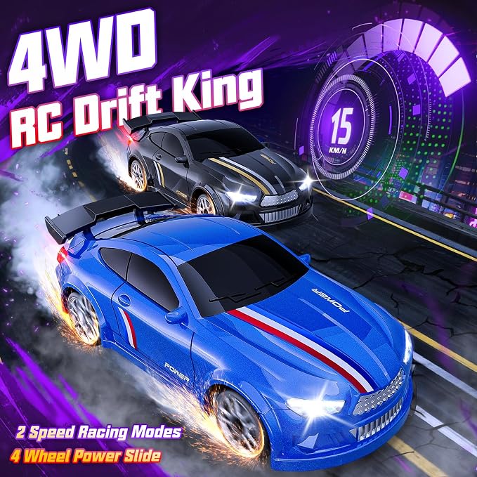 Mini RC Drift Car 1:64 Scale, Remote Control Car with LED Lights & 2-Speed Modes, 2.4GHz Stunt Drifting RC Toys with 4 Obstacles & Track Mat, Hobby Gift for Kids & Adults, Blue