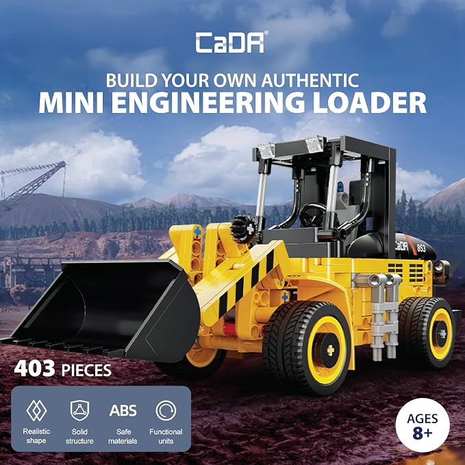 CADA Bricks Front Loader Tractor Building Kit – 403 Pieces Mini Engineering Loader Construction Set with Articulated Steering and Moving Bucket