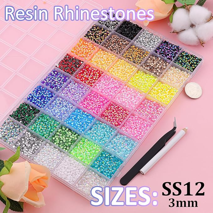 50000Pcs 40 Colors Jelly Rhinestones for Bedazzling, 3mm Multicolor Resin Flatback Gems for Diamond Art, Bedazzler Kit with 3Pcs 10ml B7000 Jewelry Glue for Bedazzle Thing Crafting Book Nail Art