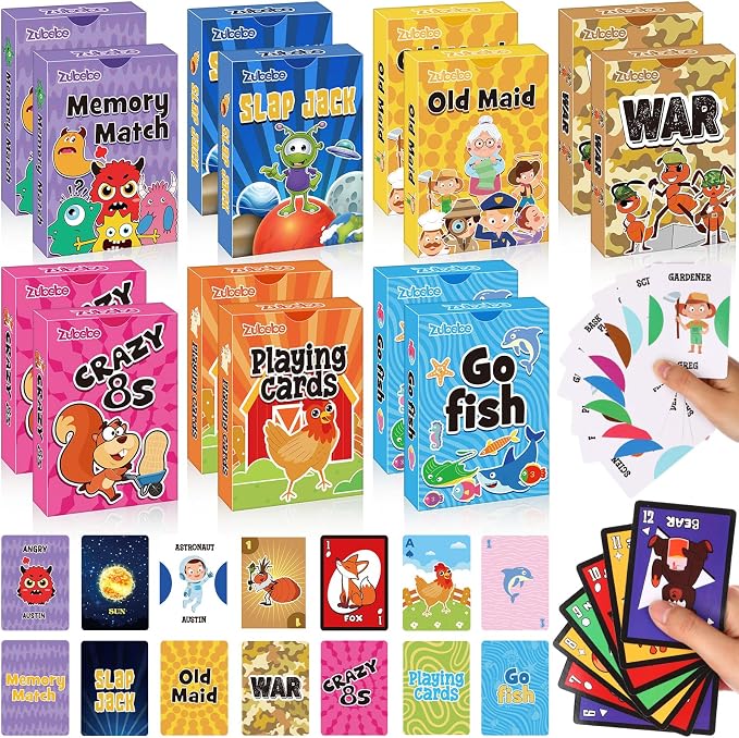 Zubebe 28 Pack Kids Card Games Gifts Bulk Classic Playing Card Game Set for Kids Includes Go Fish, Old Maid, Crazy Eights, Memory Match, Slap Jack, Playing Toy for Party Favors (Vivid)