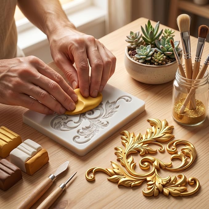 Baroque Style Curlicues Scroll Emboss Polymer Clay Molds Baroque Scroll Lace Silicone Mold for DIY Crafts Resin Casting Mold DIY Craft Air Dry Polymer Clay Tools Jewelry Making