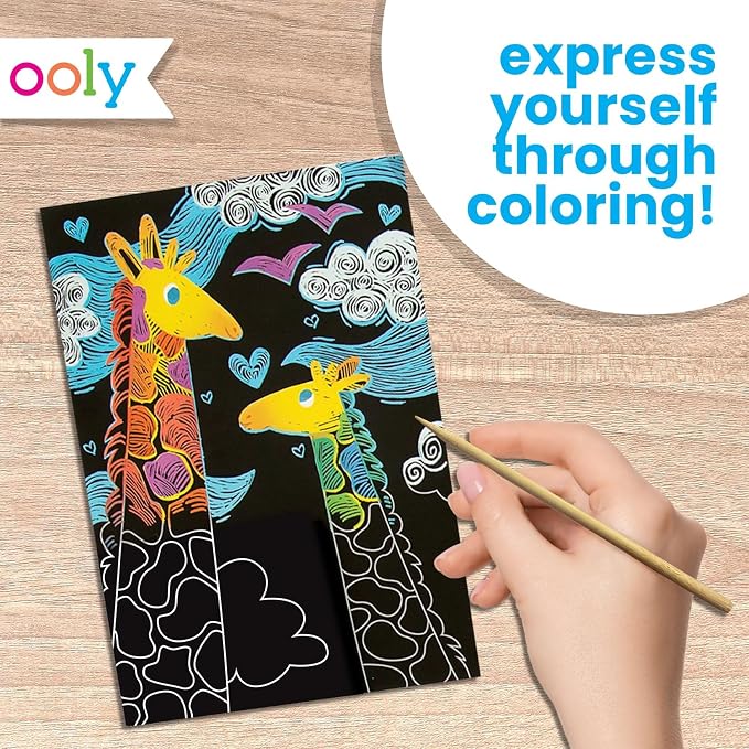 Ooly Scratch & Scribble Travel Crafts for Kids – 1pc Art Kit, Portable Car & Airplane Activity, 8 Scratch Cards + Wooden Stylus + Stickers, Ages 6+ – Colorful Safari
