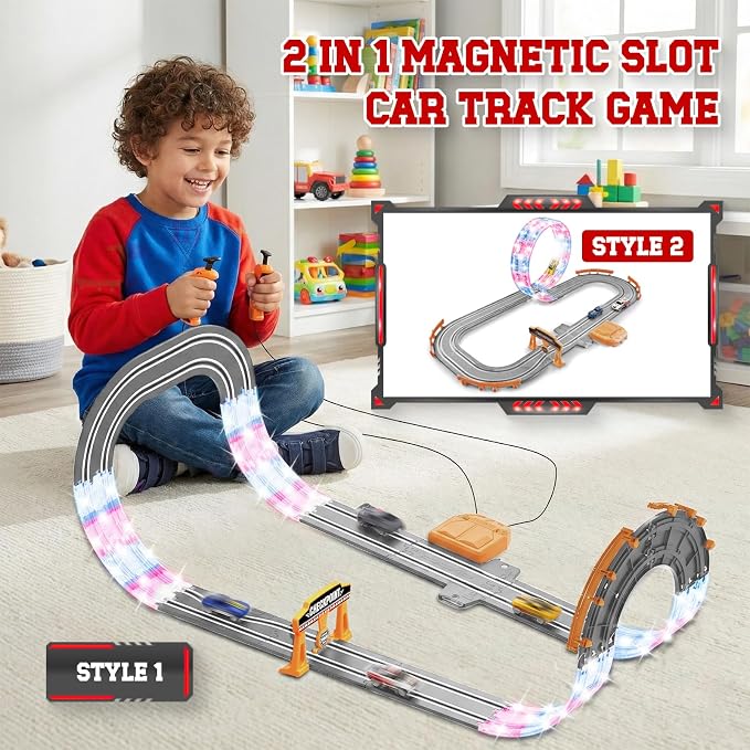 9.86ft 2-in-1 Slot Car Track Sets Toy - with 4 Cars, Battery or Electric Car Track Set with Dual Racing Game, Flash Circular Track, Lap Counter,Birthday Xmas Gifts Toys for Boys(S2-Concrete)