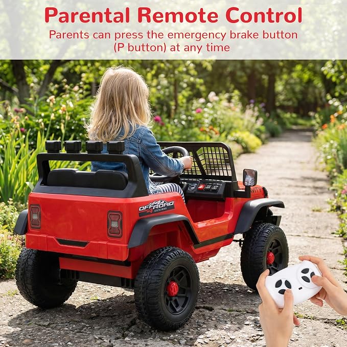 OLAKIDS 24V Ride on Car with Remote Control, Bluetooth, LED Lights, Horn, Spring Suspension, High/Low Speeds, Soft Start for Kids Aged 3+ (Red)