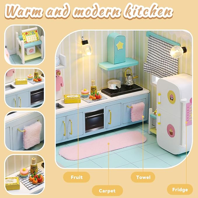 Kisoy Dollhouse Miniature with Furniture Kit, DIY 3D Wooden DIY House Kit A Corner of a Small Apartment Style with Dust Cover & LED,Handmade Tiny House Toys for Kids Adults Gift (Kitchen)
