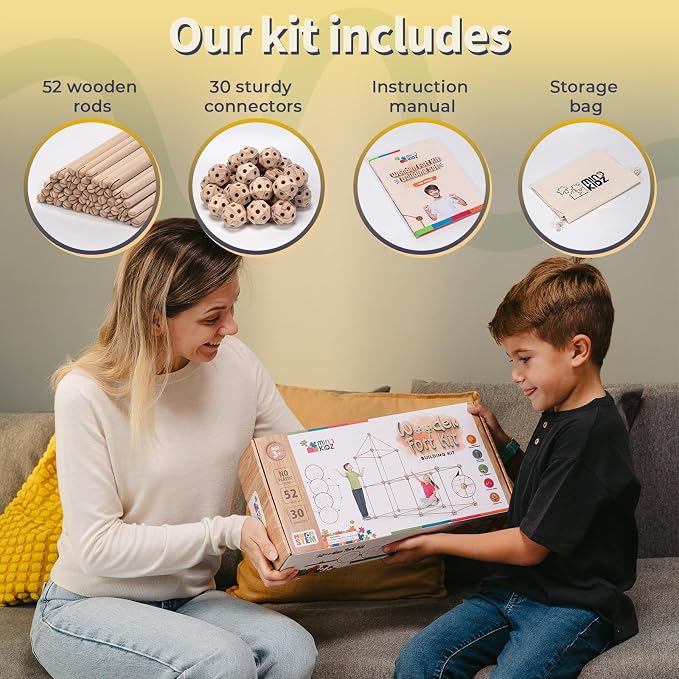 MIND KIDZ Wooden Fort Building Kit for Kids - STEM Montessori Construction Toy - 82 Pieces Fort Builder Play Set with Big Cotton Storage Bag