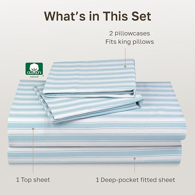 California Design Den Soft 100% Cotton Sheets King Size Set, 400 TC Good Housekeeping Award Winner, Smooth Sateen Finish with Deep Pockets, Cozy and Durable Cotton Bedding Set - Cape Stripe Blue