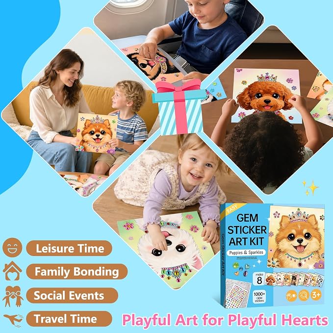 Marlrin Puppy Gem Crafts for Girls Ages 3-8, Dog Diamond Art Kit for Kids | 8 Pack Sticker Art, 1000+ Gems, Peel & Stick No Mess, Display Stand, Easy Crafts, Birthday & Christmas Gift for Girls
