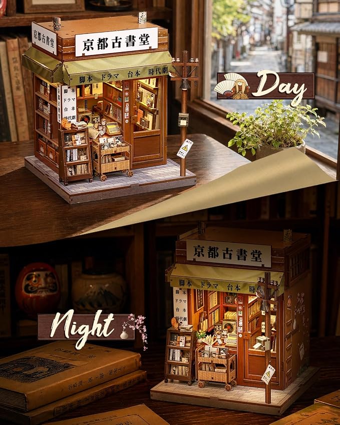 Book Nook Kit - Japanese Showa Retro DIY Miniature Book Nook, Soft LED Vintage Scene Model, Handmade Wooden Assembly Craft Gifts for Adults and Teens (Antique Bookery of Kyoto)