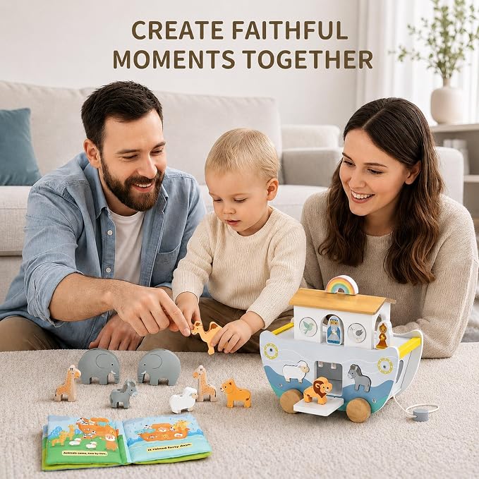 Wooden Noah’s Ark Toy with Cloth Book, Baptism Gifts for Boys and Girls, Christian Shape Sorter and Pull Along Playset for Toddlers 18M+, Animal Matching, Stacking and Threading Toys