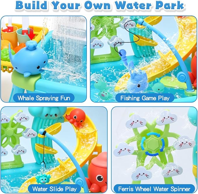CUTE STONE Toddler Water Table for Kids, Kitchen Sink Toy with Running Water & Fishing Game,Water Play Table for Backyard Beach Pool, Summer Gifts for Boys Girls-Octopus