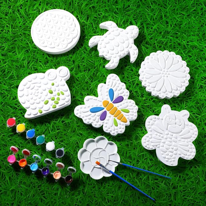 6 Pack Stepping Stone Ceramic Kit for Kids Paint Your Own Plaster Stones Arts and Crafts Handprint Garden and Summer DIY Craft Pottery Outdoor Painting Gifts for Kids Ages 4-12