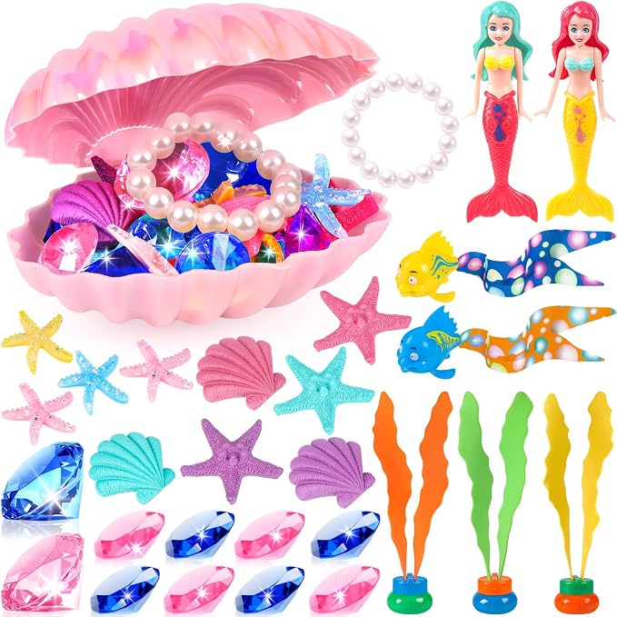HUUIDY Pool Toys, 31Pcs Mermaid Toys Diving Toys with Shell Treasure Chests and Storage Bag, Swimming Pool Games Summer Water Toy Gift Set for Kids Toddlers Girls Boys