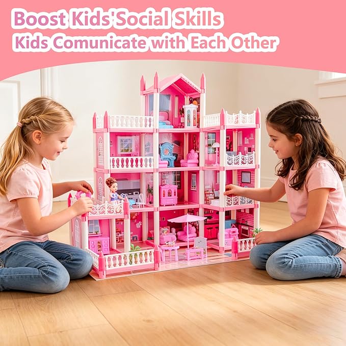 Large Doll House for Girls 3-12 Years Old 11 Rooms Dream Dollhouse with Lights, Play Mat, Dolls, Furniture & Rich Accessories, Perfect Birthday for Kids