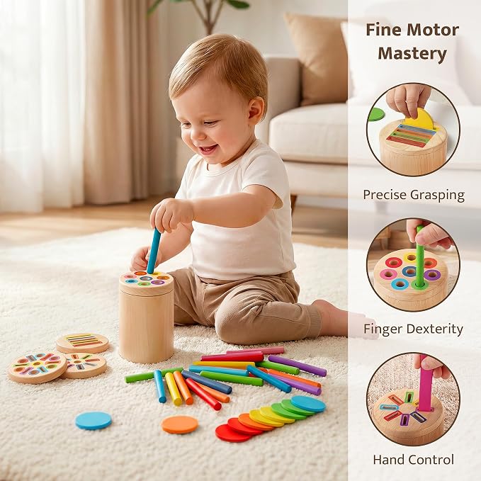 Wooden Montessori Toys for 1, 2,3 Year Old: 3 in 1 Fine Motor Skills, Learning Color Matching Sorting Sensory - Easter Basket Stuffer for Toddler Boy Girls - 18 Month