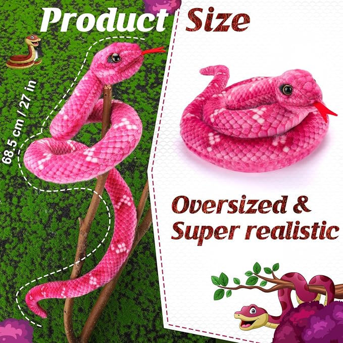 Snake Plush, Stuffed Snake Animal, 27 in Small Toy Snakes for Kids, Giant Stuffed Animals Snake, Lifelike Plush Snake for Birthday Present Party Prank Prop (Pink)