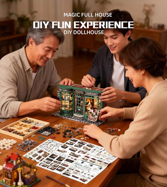 Roroom DIY Miniature House Kit, Magic Full House Book Nook Kit with LED Light, 3D Wooden Puzzle Miniature Dollhouse Kit for Bookshelf Decor-Creative Gift for Family and Friends