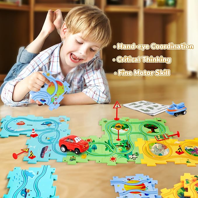 YOOYID Puzzle Racer Kids Car Track Set, Kids Toys Boys 3-5, Toys for 3 4 5 6 Year Old Boys, Toys for Ages 3-4, Montessori Toys for 3+ Year Old, (100Pcs, 4 Themes)