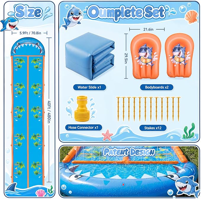 40×5.9FT Heavy Duty Slip and Slide with Sprinkler and 2 Boards, Water Slide for Adults with 3-Way Water Sprinkler, Giant Slip n Slide for Outdoor Backyard Lawn Kids Teens and Adults (Blue&Orange)