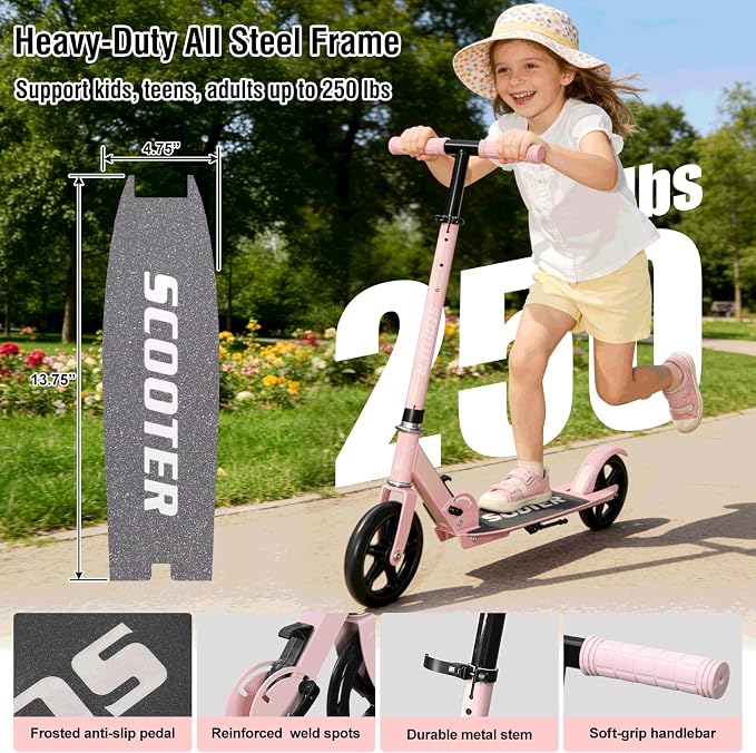 Scooter for Age 6+, Folding Kick Scooters for Kids 8-12,Teens, Adults up to 250Lbs,3 Adjustable Heights, Rear Brake, Wide Antislip Deck, Lightweight Scooter for Boys Girls