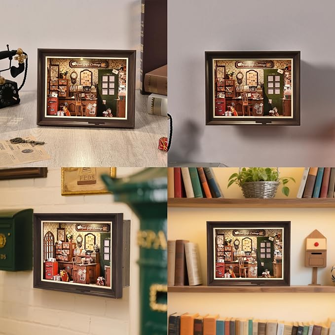Book Nook Kit-3D Wooden Puzzle with LED Touch Control & Wall-Mountable Frame,DIY Miniature House for Beginners,Bookshelf/Tabletop/Wall Decor for Craft Lovers,Dollhouse Gift,Mail Gift Cottage