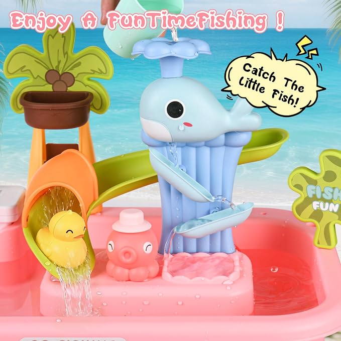 Upgraded Toddler Sand Water Table Toy with Electric Water Pump, Kids Sand Water with Faucet/Play Food Accessories/Fishing Toy, Kitchen Play Sink Toys for Girl Boy Age 3+ (Pink)