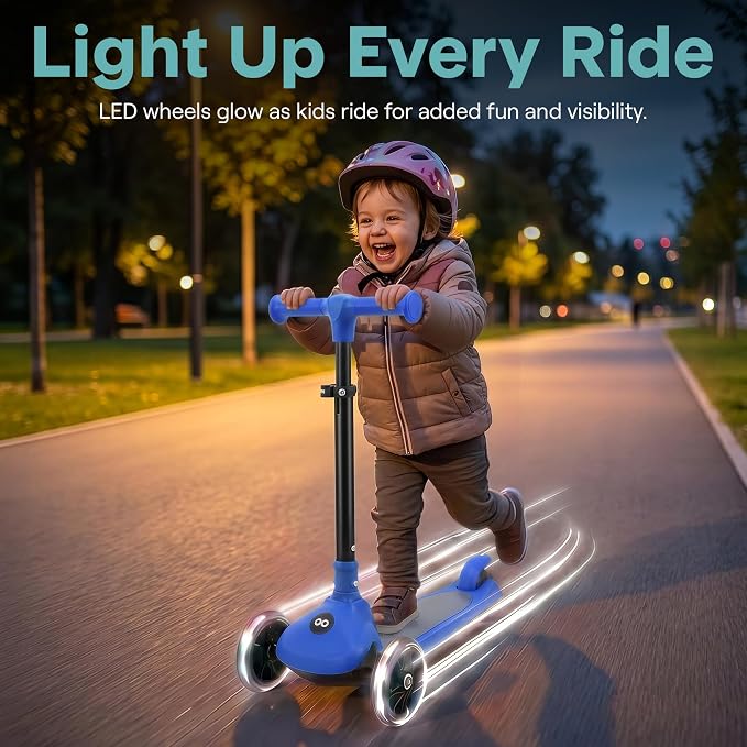SereneLife Toddler Scooter, Adjustable Micro Scooter for Ages 2-5, Lightweight Kids 3 Wheel Design with LED Light-Up Wheels, Anti-Slip Deck & Lean-to-Steer Control, Indoor/Outdoor Use (Blue)