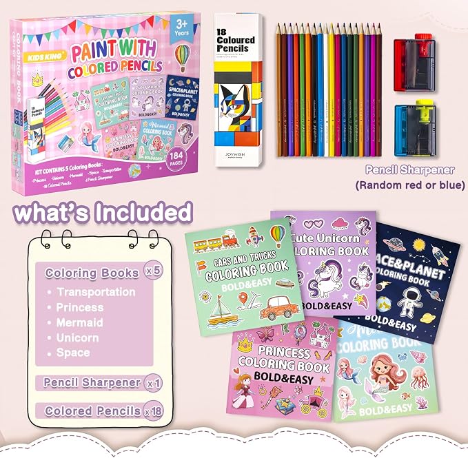 KIDS KING Coloring Book Kit, 5 Themes: Princess | Unicorn | Mermaid | Space | Transportation, Contains Colored Pencils Cute Styles for Painting, Arts & Crafts for Adult and Younger
