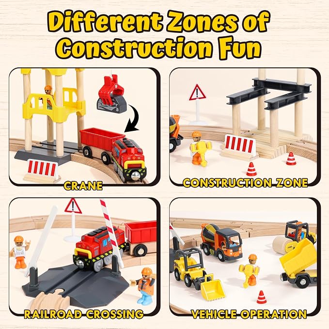 Lehoo Castle 68PCS Wooden Train Set - Toy Train Set for Toddlers 2-4, Wooden Train Track for Kids w/Crane, Railway Playset for 3 Year Old Boys Girls Birthday Gift