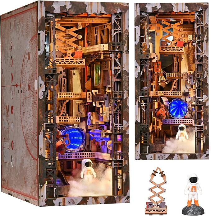 CCCDF DIY Miniature Dollhouse Book Nook Kit - 3D Wooden Puzzle Space Theme Tiny House, Bookshelf Decor with LED Lights, Creative Gift for Adults, Teens & Miniature Enthusiasts (Aerospace Foundry)