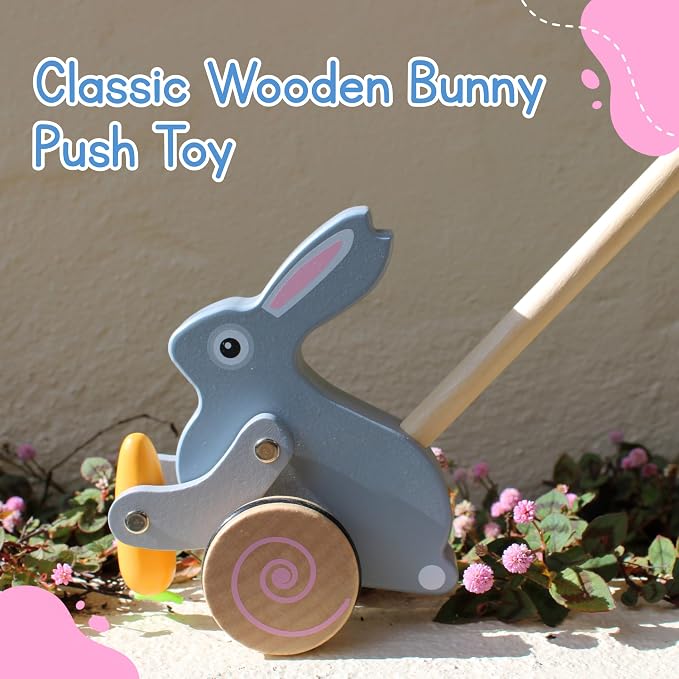 Bunny Push Toy by Jack Rabbit Creations- Wooden Push- Along Rabbit for Early Walking, Balance and Motor Skills Development- Eco-Friendly Montessori Toy for Toddlers & Babies Ages 1+