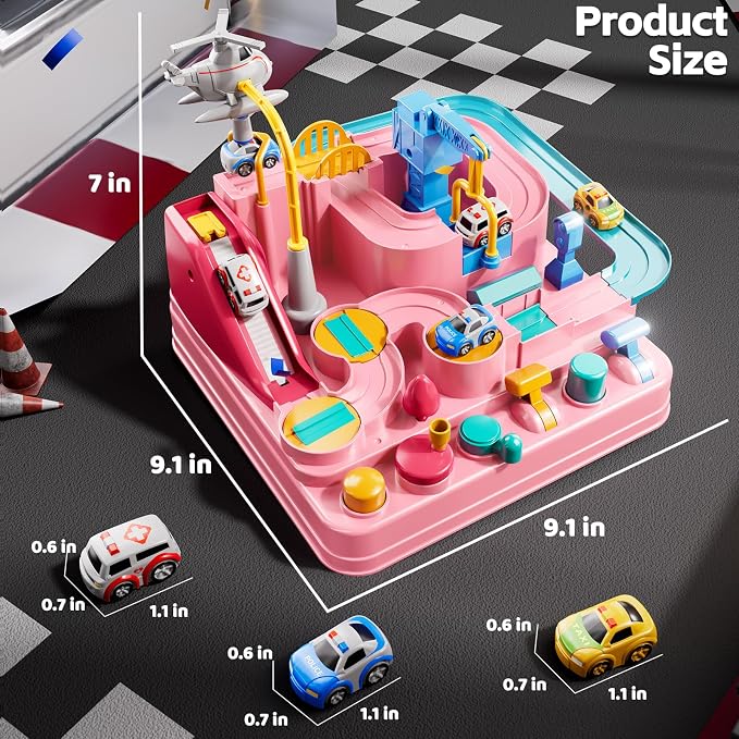 Car Race Track for Kids Ages 4-8, Kids Car Toys for 3 Year Old Boys, Race Track for Toddlers 3-5, City Set with 3 Small Cars and Helicopter, Educational Birthday Gifts (Pink)