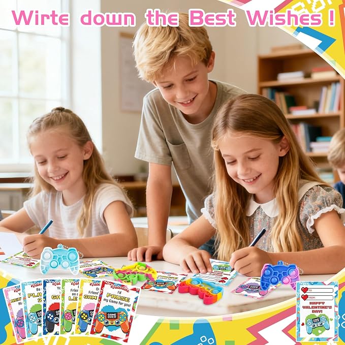NEUBSAW 24 Packs Valentine's Day Cards with Pop Games Keychains Toy for Classroom Exchange, Valentine's Gifts Party Favors for Boys Girls School, Valentine's Prizes for School