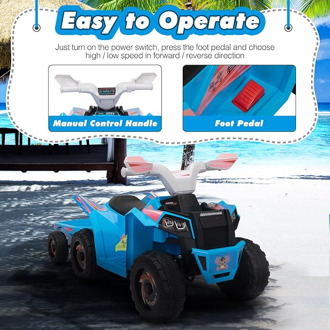 TOBBI 6V Electric Kids Ride On Toy Car with Trailer, Toddler 4 Wheeler Powered Vehicle, ATV to Drive with Music/Battery Volume Display for Children Age 2-6-Blue