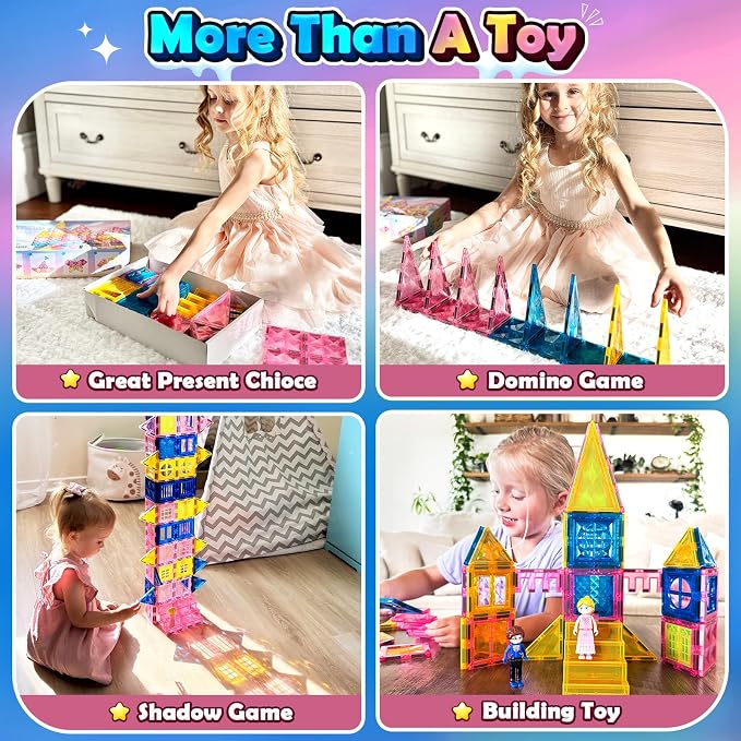 Magnetic Tiles 102pcs with 2 Stairs 2 Dolls Princess Castle Magnetic Building Blocks 3 4 5 6 7 8 9 10 Year Old Girl Birthday Gifts Toys for Girls 3-5 4-6 7-8 8-10 10-12