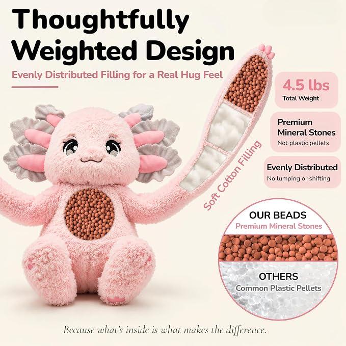 Huggle Healers Weighted Stuffed Animals for Adults, Teens and Kids - 36 Inch Long Plush Arms Pink Stuffed Animal for Hugs - 4.5lb Axolotl Plushies - Ula Axolotl