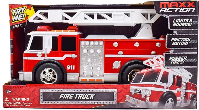 Sunny Days Entertainment Maxx Action 12’’ Large Fire Truck – Lights and Sounds Vehicle with Extendable Ladder | Motorized Drive and Soft Grip Tires | Red Firetruck Toys for Kids 3-8