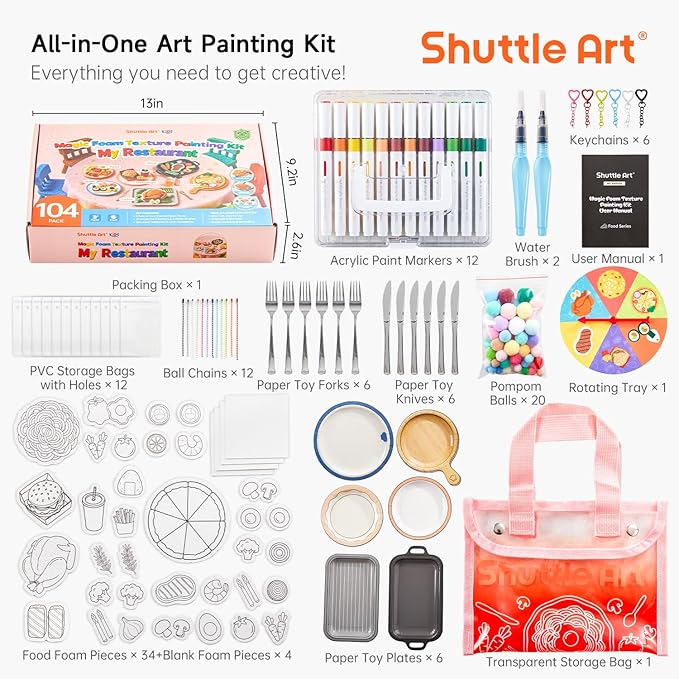 Shuttle Art 104 Pcs Magic Foam Texture Painting Kit Food Series: 34 Food Foam Pieces, Paper Plates, Forks & Knives, 12 Acrylic Paint Markers, Magical 3D Effect DIY Art Craft for Kids Ages 3-12