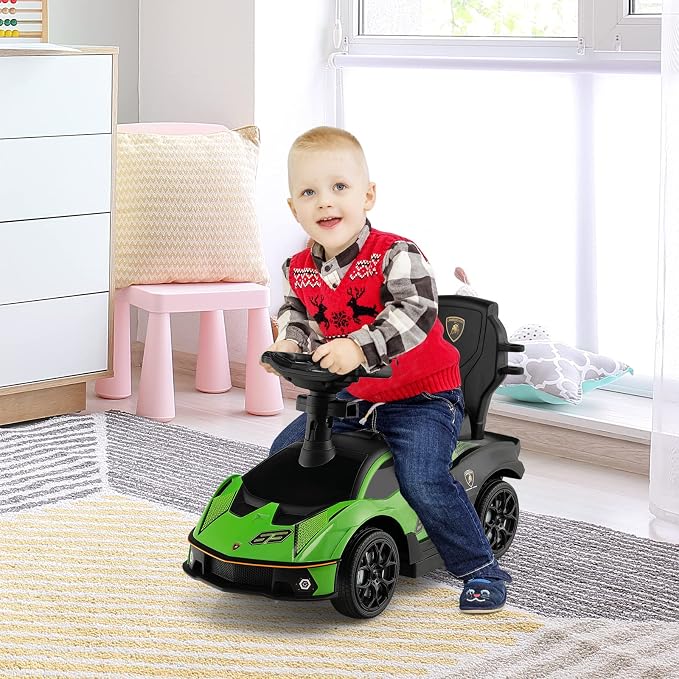 Costzon Push Cars for Toddlers, 3 in 1 Licensed Lamborghini Stroller Sliding Walking Car w/Handle, Armrest Guardrail, Underneath Storage, Horn, Foot-to-Floor Ride On Toy for Boys Girls (Green)