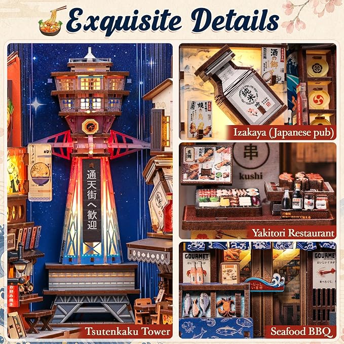 CUTEBEE Book Nook Kit - DIY Miniature House Japanese Street Diorama, Fold-Out Dollhouse Booknook for Adults, Tiny House Bookshelf Decor 3D Wooden Puzzle Gifts (Tsutenkaku Ichiban Street)