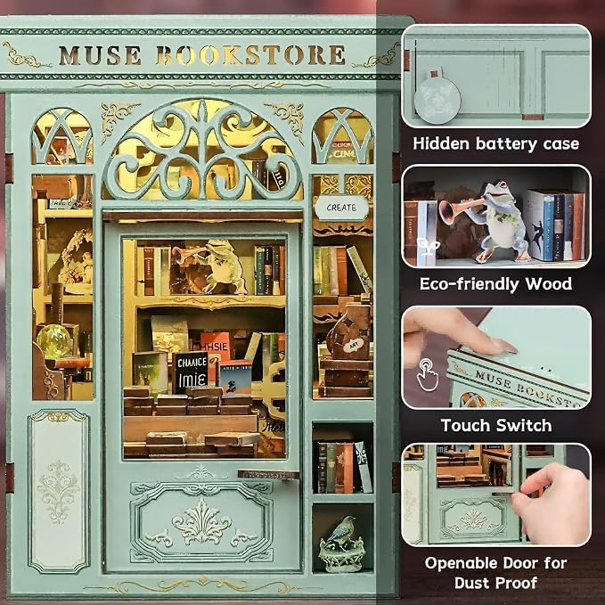 Fsolis Book Nook Kit - 3D Wooden Puzzles for Adults (Muse Bookstore) | DIY Miniature House Kit Bookshelf Decor Gifts for Women Puzzle Lovers